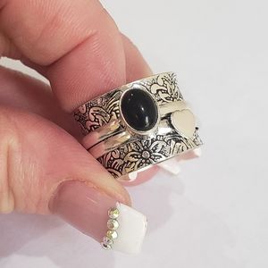 Black onyx gemstone, 925 silver ring, spinner ring